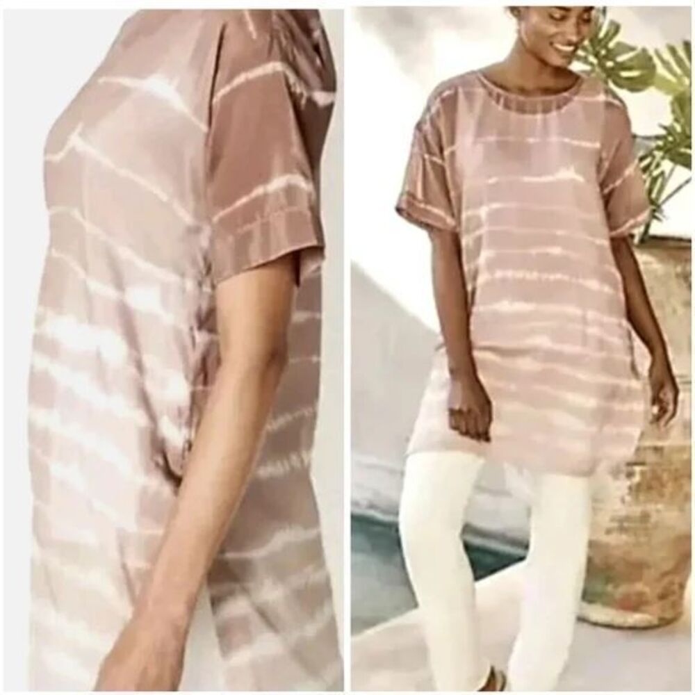 Pure Jill Petite Short Sleeve Tie-Dye Tunic Top Boho Relaxed Fit Taupe/White S